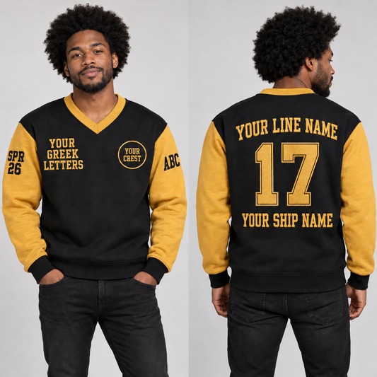 V-Neck Sweatshirt Black Gold embroidered line name number ship name front back and sleeves on model