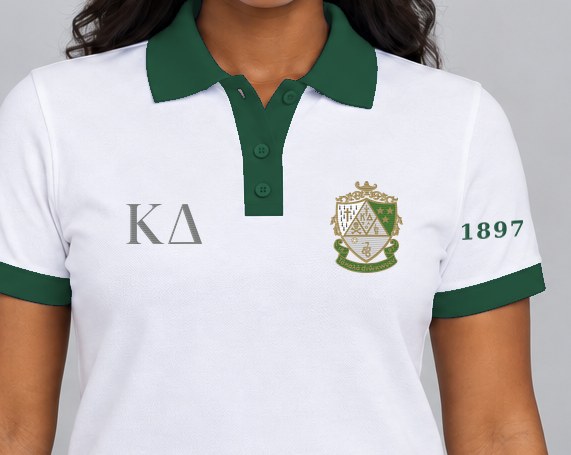 Kappa Delta premium embroidered white solid contrast trim polo on model - chest embroidery close-up