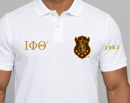 Iota Phi Theta premium embroidered white solid polo on model - chest embroidery close-up