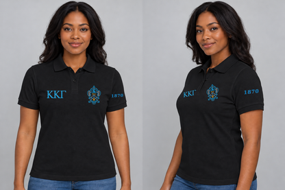 Kappa Kappa Gamma premium embroidered black solid polo on model - front and side