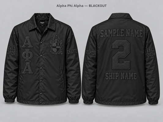 Alpha Phi Alpha Blackout line jacket with sample front back and sleeve embroidery