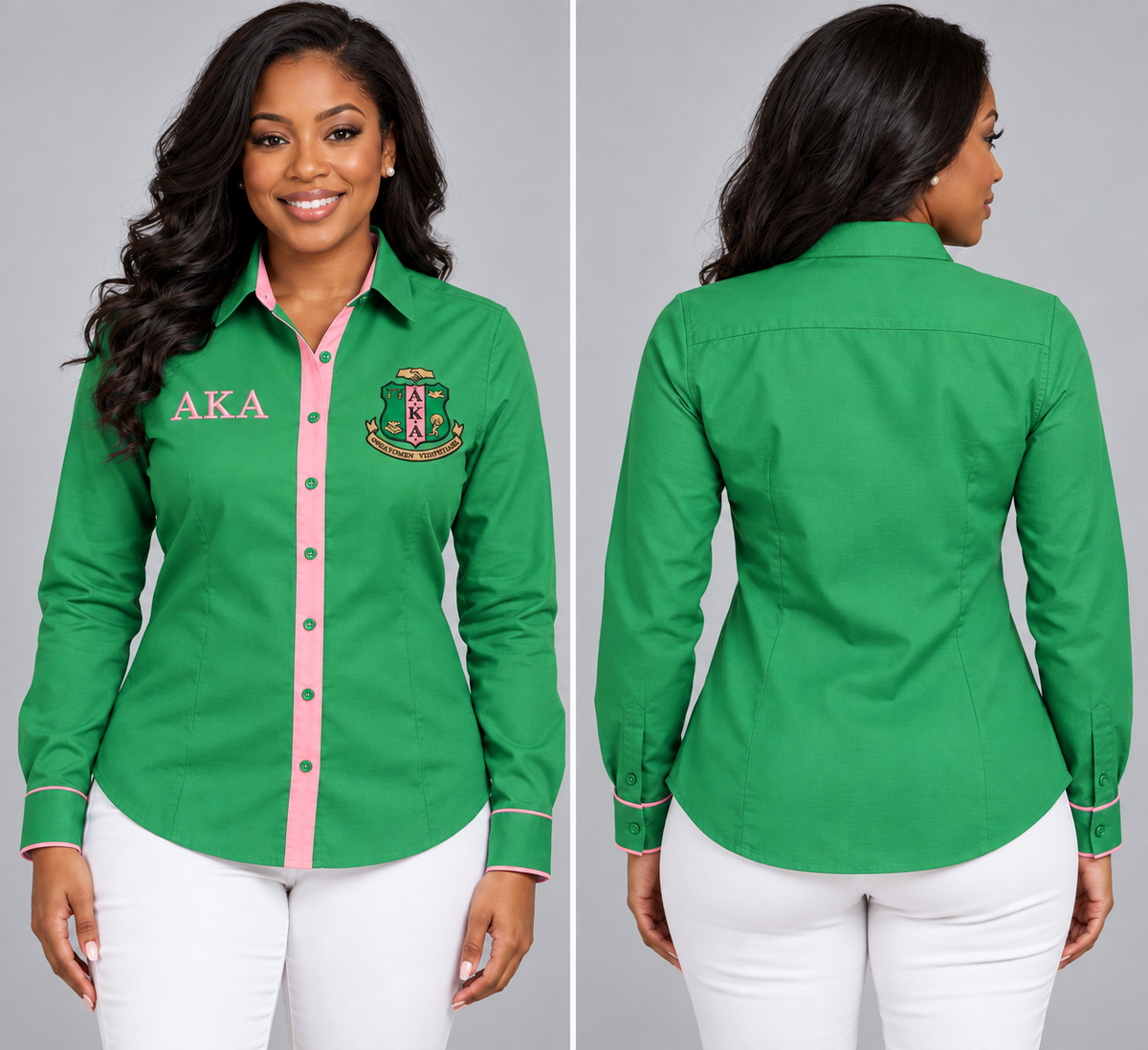 Alpha Kappa Alpha fitted apple green and salmon pink Oxford shirt with embroidered crest and ΑΚΑ, front and back on a model