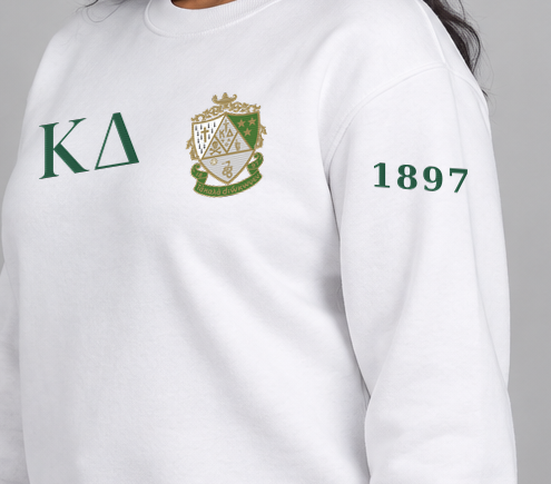 Kappa Delta premium embroidered white solid crewneck sweatshirt on model - founding year sleeve detail