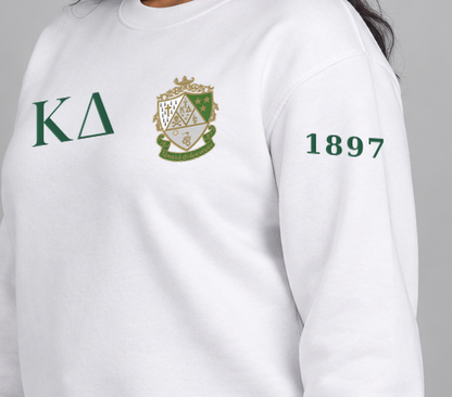 Kappa Delta premium embroidered white solid crewneck sweatshirt on model - founding year sleeve detail
