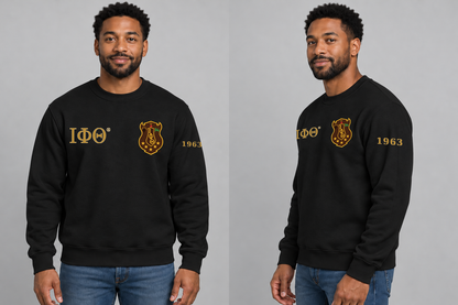 Iota Phi Theta premium embroidered black solid crewneck sweatshirt on model - front and side