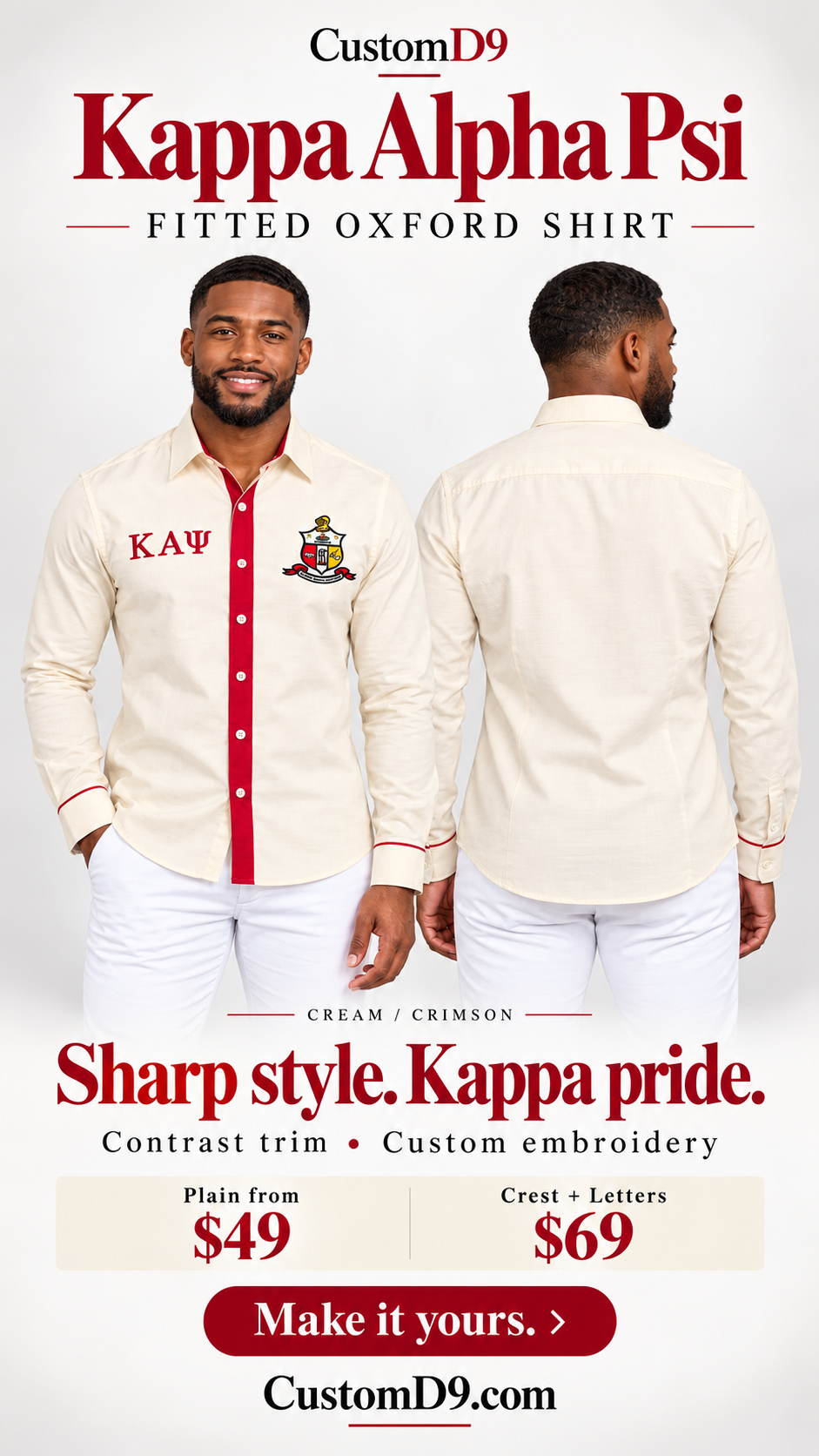 Kappa Alpha Psi cream and crimson fitted embroidered Oxford shirt reel-poster, front and back on male model