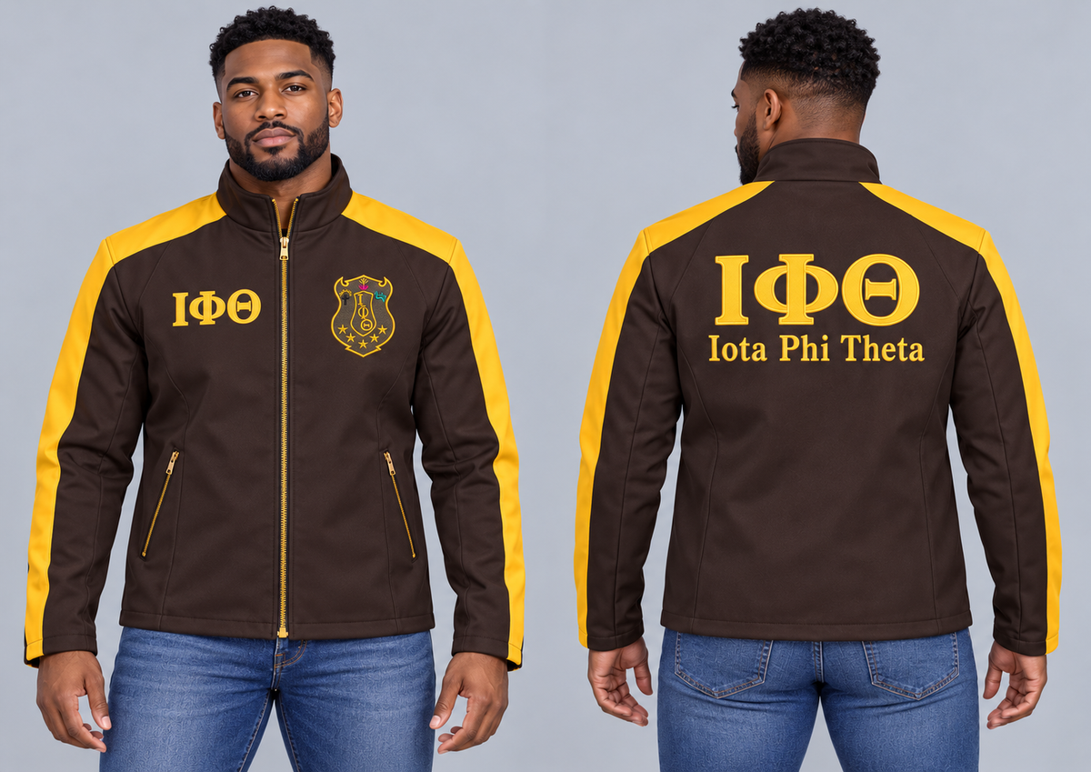 Black man modeling Iota Phi Theta charcoal brown and gilded gold custom embroidered contrast racing jacket, front and back views.
