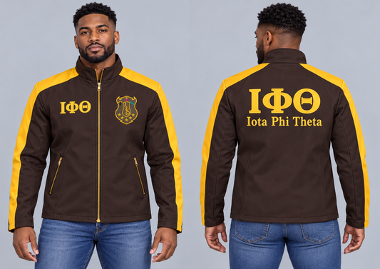 Black man modeling Iota Phi Theta charcoal brown and gilded gold custom embroidered contrast racing jacket, front and back views.