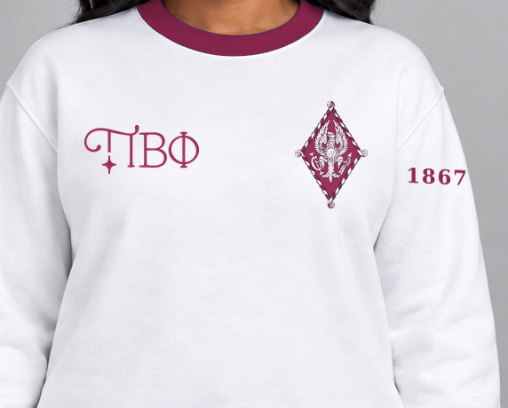 Pi Beta Phi premium embroidered white solid contrast trim crewneck sweatshirt on model - chest embroidery close-up