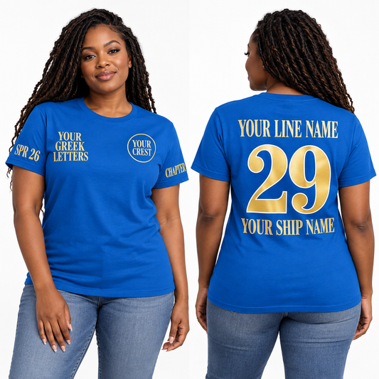 Custom Sorority High Contrast Editorial Serif Sapphire line name number ship name crossing shirt