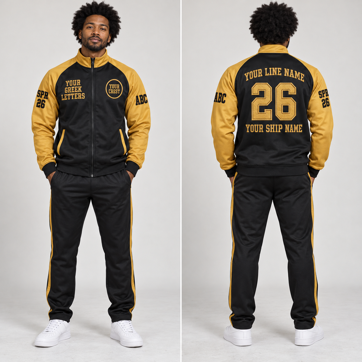 Track Suit Black Gold embroidered line name number ship name front back and sleeves on model