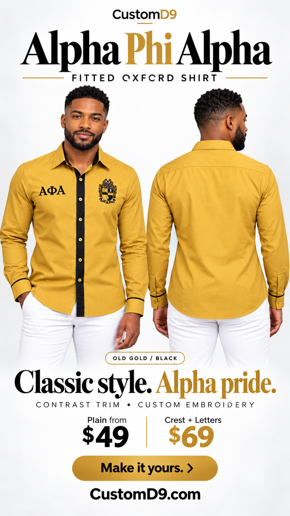 Alpha Phi Alpha old gold and black fitted embroidered Oxford shirt reel-poster, front and back on male model