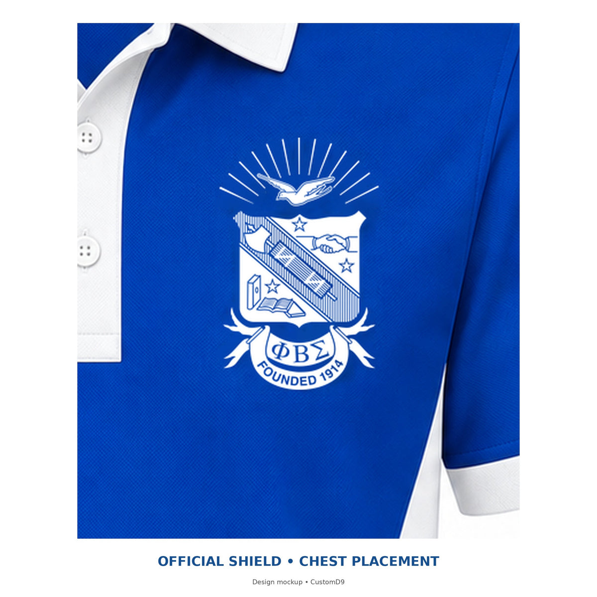 Digital mockup close-up of the original Phi Beta Sigma shield on the royal blue panel polo's left chest