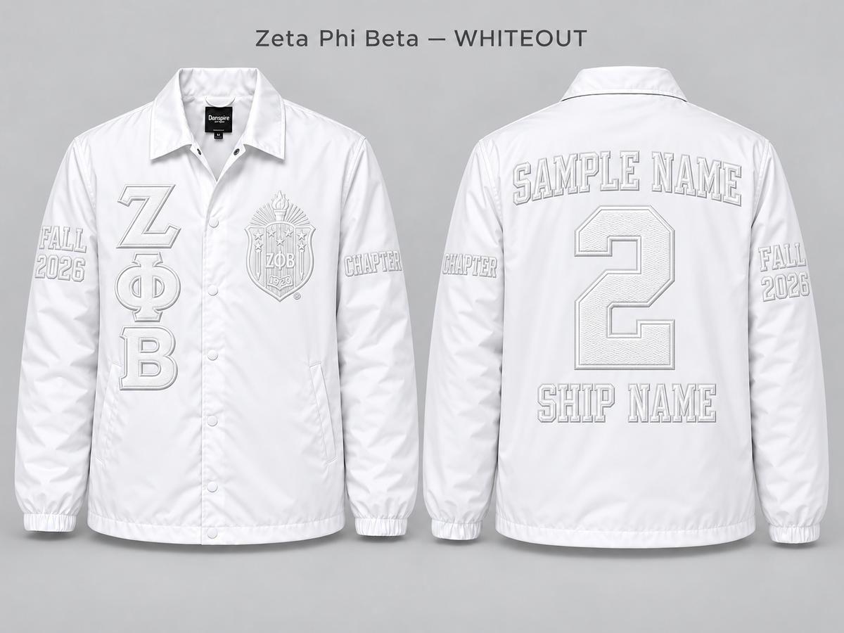 Zeta Phi Beta Whiteout line jacket with sample front back and sleeve embroidery