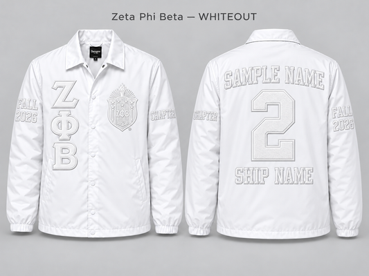 Zeta Phi Beta Whiteout line jacket with sample front back and sleeve embroidery
