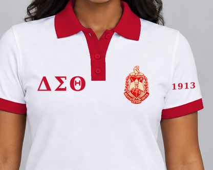 Delta Sigma Theta premium embroidered white solid contrast trim polo on model - chest embroidery close-up