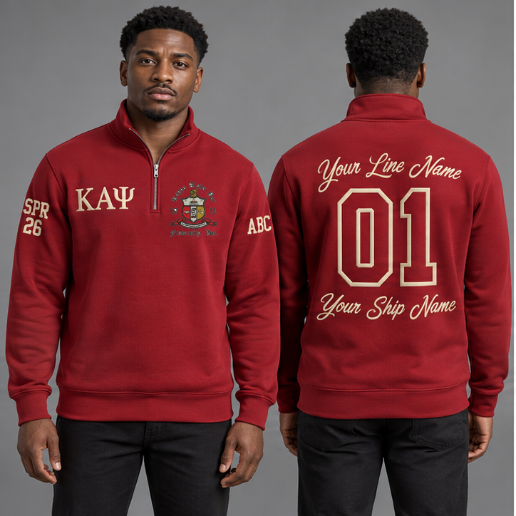 Kappa Alpha Psi Crimson and Cream personalized quarter-zip sweatshirt on an adult model, original supplied crest and ΚΑΨ letters, sample line name, line number01, ship name, crossing year and chapter initials.