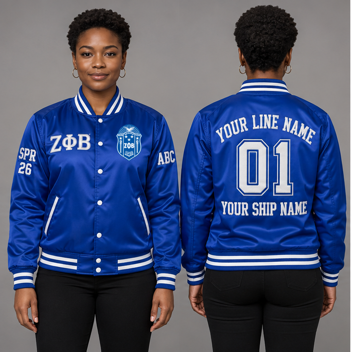 Zeta Phi Beta Royal Blue and White personalized satin line jacket on an adult model, original supplied crest and ΖΦΒ letters, sample line name, line number 01, ship name, crossing year and chapter initials.