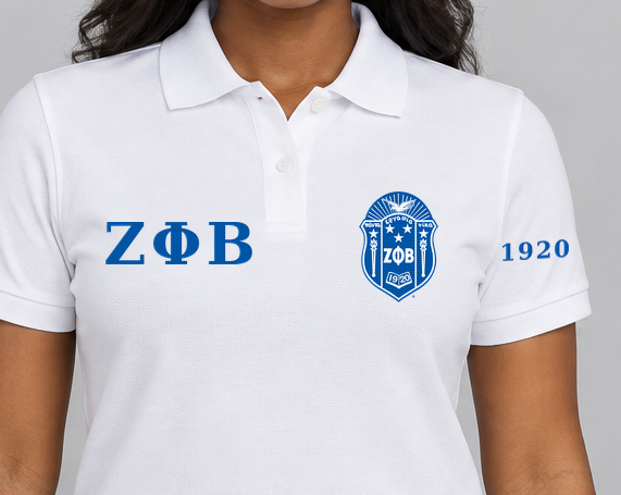 Zeta Phi Beta premium embroidered white solid polo on model - chest embroidery close-up