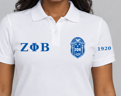 Zeta Phi Beta premium embroidered white solid polo on model - chest embroidery close-up
