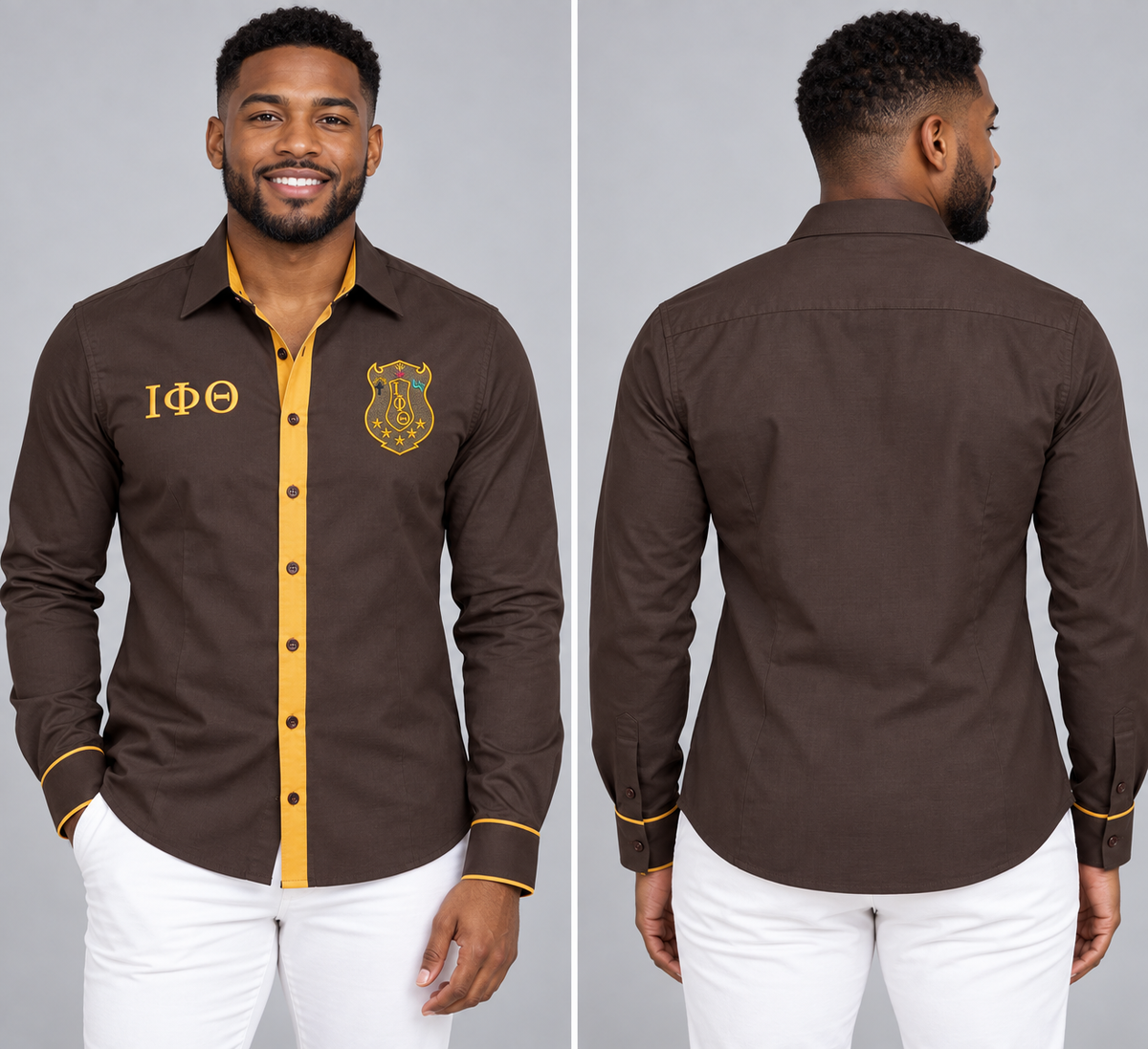 Iota Phi Theta charcoal brown and old gold fitted embroidered Oxford shirt product, front and back on male model