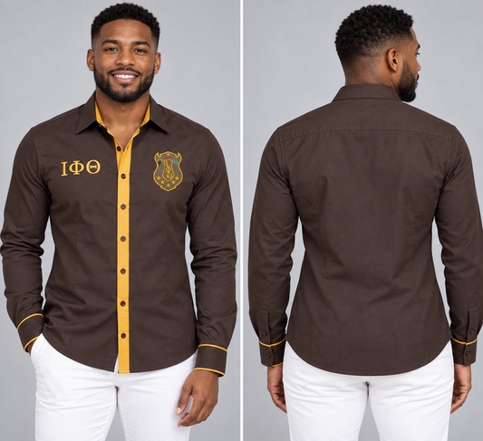 Iota Phi Theta charcoal brown and old gold fitted embroidered Oxford shirt product, front and back on male model