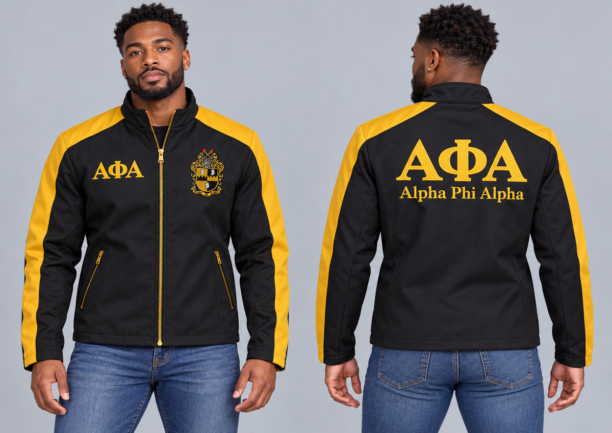 Black man modeling Alpha Phi Alpha black and old gold custom embroidered contrast racing jacket, front and back views.