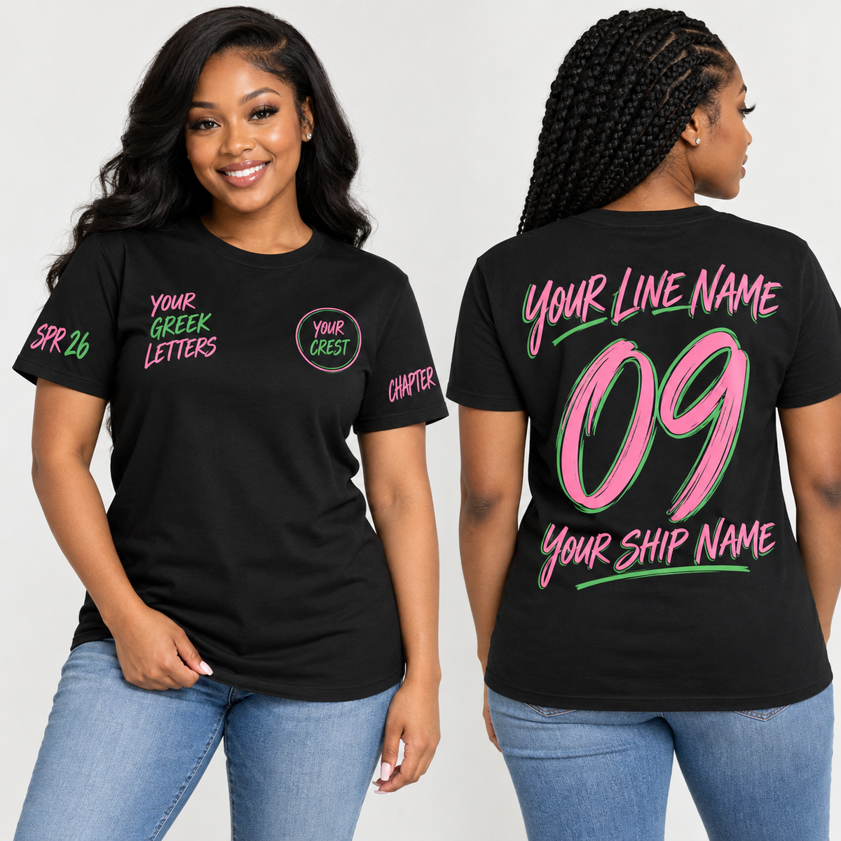 Custom Sorority Modern Script Black line name number ship name crossing shirt