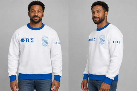 Phi Beta Sigma premium embroidered white solid contrast trim crewneck sweatshirt on model - front and side