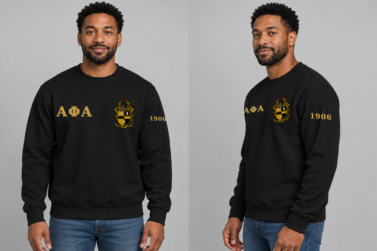Alpha Phi Alpha premium embroidered black solid crewneck sweatshirt on model - front and side