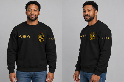 Alpha Phi Alpha premium embroidered black solid crewneck sweatshirt on model - front and side