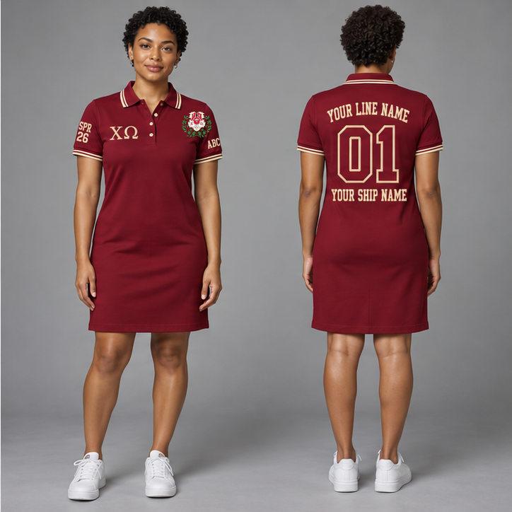 Chi Omega Cardinal and Straw personalized polo dress on an adult model, original supplied crest and ΧΩ letters, sample line name, line number 01, ship name, crossing year and chapter initials.
