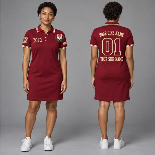 Chi Omega Cardinal and Straw personalized polo dress on an adult model, original supplied crest and ΧΩ letters, sample line name, line number 01, ship name, crossing year and chapter initials.