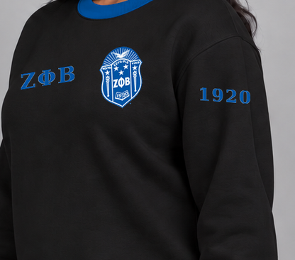 Zeta Phi Beta premium embroidered black solid contrast trim crewneck sweatshirt on model - founding year sleeve detail