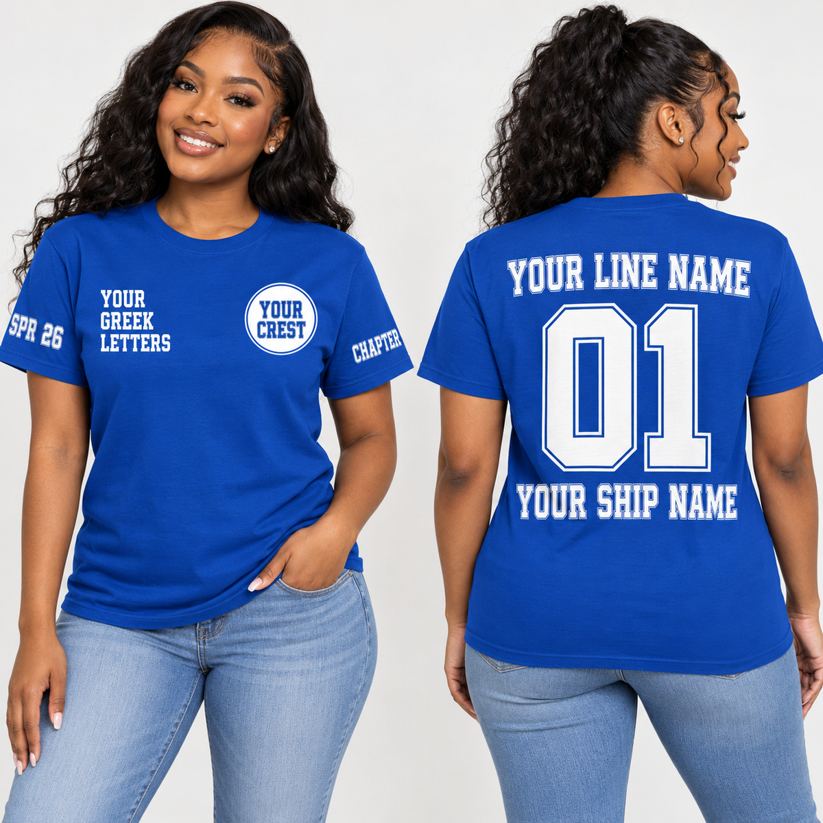 Sorority line shirt Varsity Block Royal Blue with line name number ship name chapter and crossing year