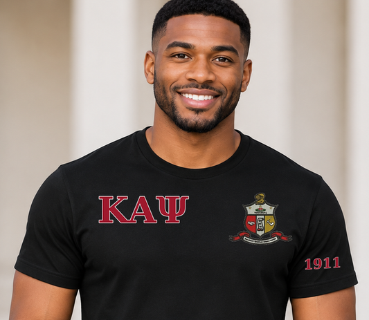 Kappa Alpha Psi Black classic printed T-shirt — model close-up