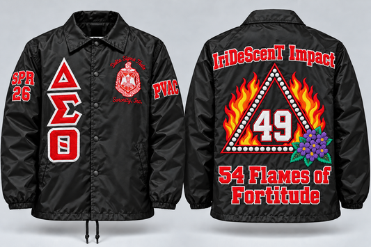Full Front + Back + Arms embroidery preview: Delta Sigma Theta black line jacket, IriDeScenT Impact 49, 54 Flames of Fortitude, SPR 26 and PVAC