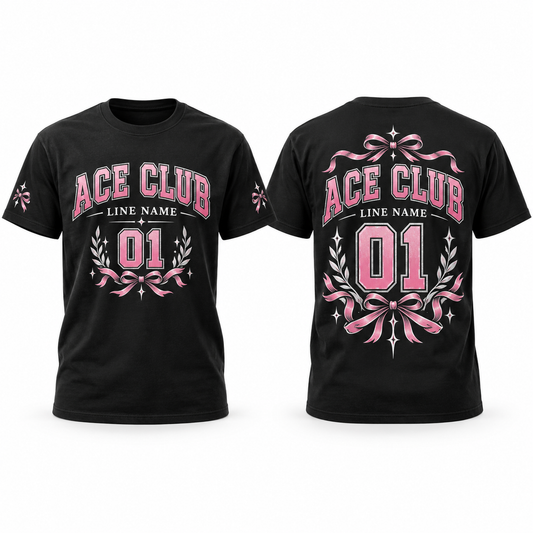 Custom Sorority Line full-color printed black T-shirt front back and sleeve sample