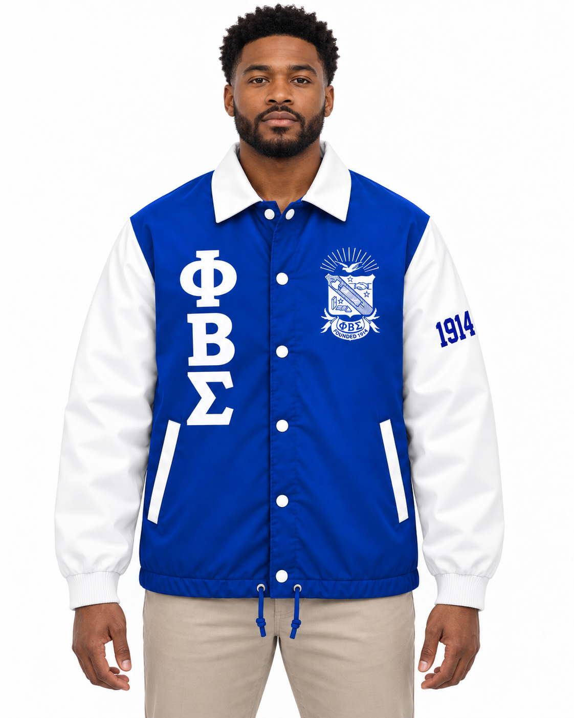 Officially Licensed Phi Beta Sigma Contrast Line Jacket – Royal Blue / White on model