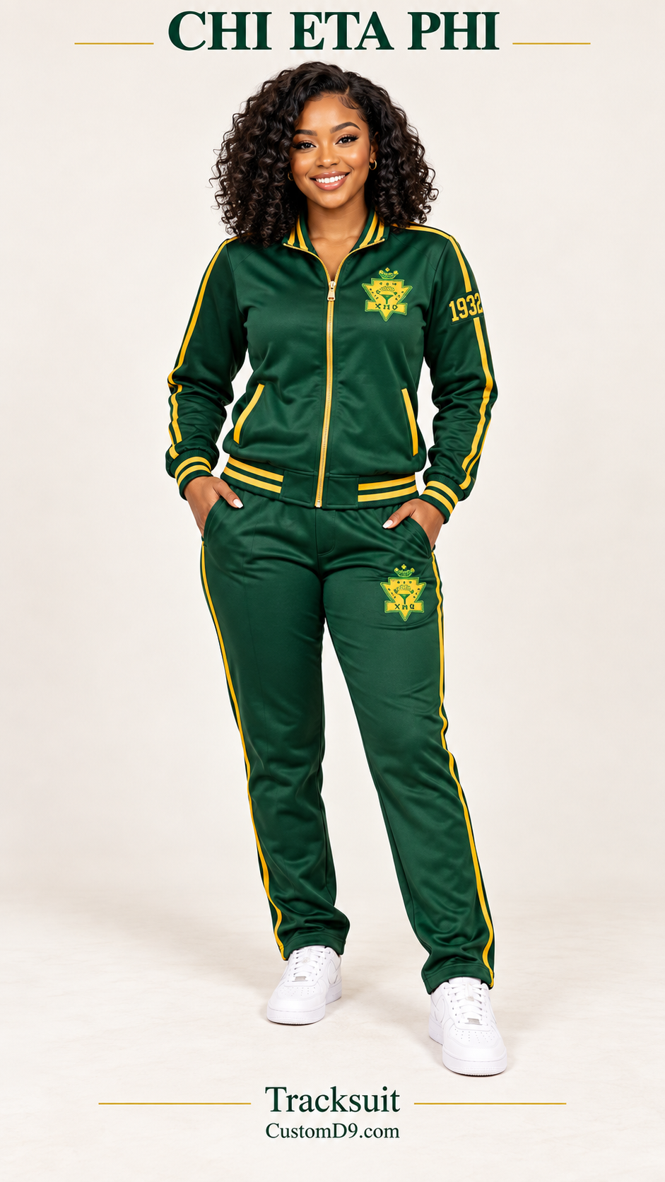Chi Eta Phi Tracksuit dark green gold shield crest version on model