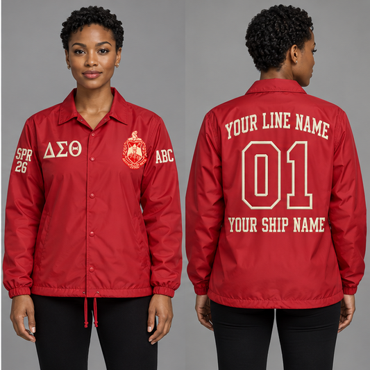 Delta Sigma Theta Crimson and Cream personalized coach line jacket on an adult model, original supplied crest and ΔΣΘ letters, sample line name, line number 01, ship name, crossing year and chapter initials.