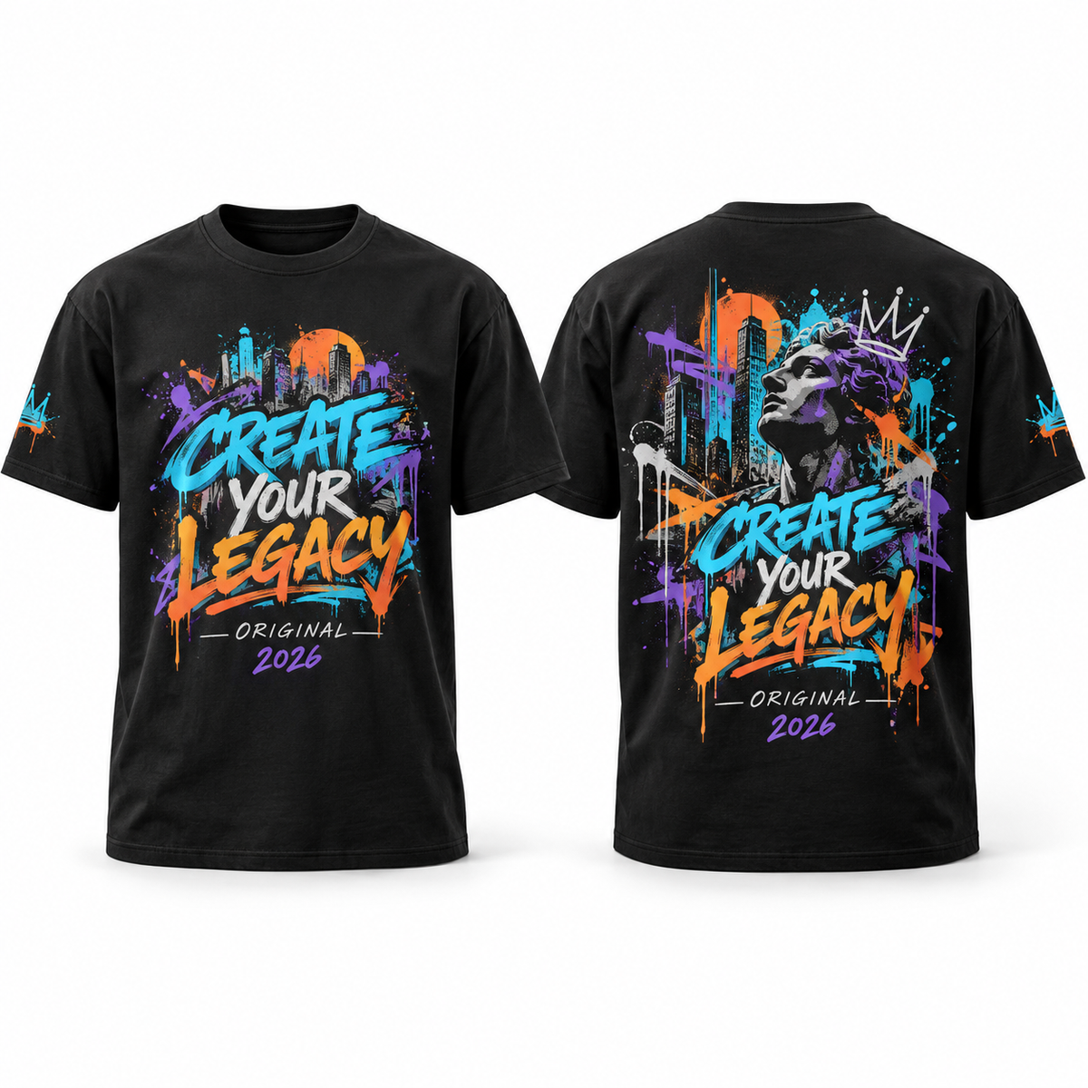Custom Streetwear Graphic full-color printed black T-shirt front back and sleeve sample