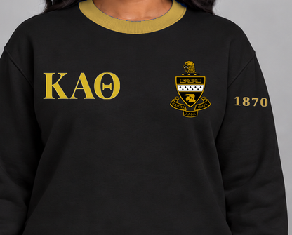 Kappa Alpha Theta premium embroidered black solid contrast trim crewneck sweatshirt on model - chest embroidery close-up
