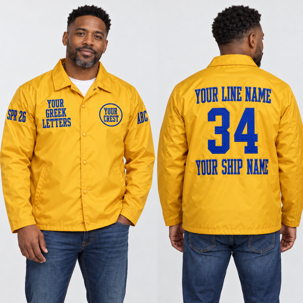 Coach Line Jacket Gold Royal Blue embroidered line name number ship name front back and sleeves on model
