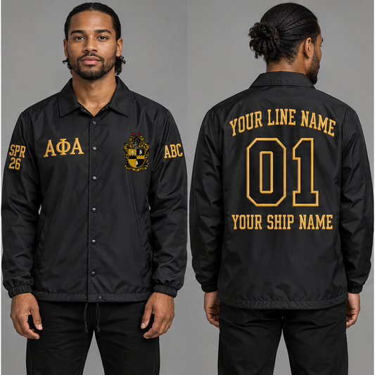 Alpha Phi Alpha Black and Old Gold personalized coach line jacket on an adult model, original supplied crest and ΑΦΑ letters, sample line name, line number 01, ship name, crossing year and chapter initials.