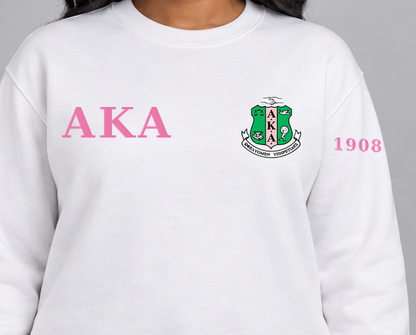 Alpha Kappa Alpha premium embroidered white solid crewneck sweatshirt on model - chest embroidery close-up