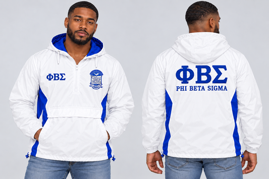 Black man modeling Phi Beta Sigma white and royal blue custom embroidered men's hooded anorak windbreaker jacket, front and back views.