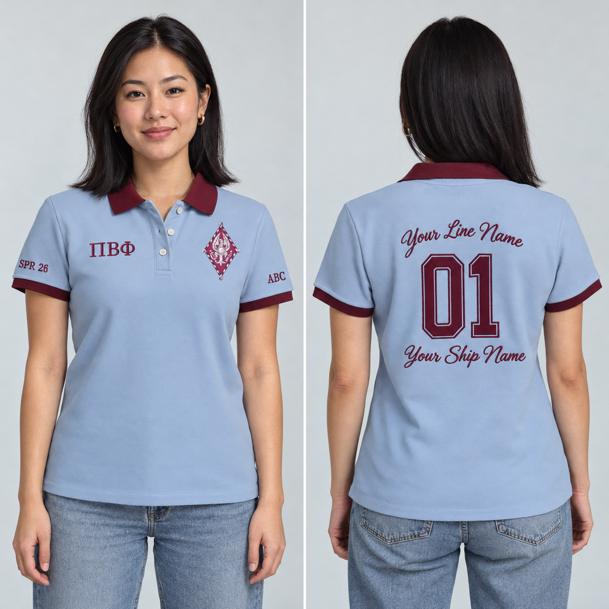 Pi Beta Phi Silvery Blue and Wine personalized chapter polo on an adult model, supplied original crest and ΠΒΦ letters, sample line name, 01, ship name and sleeve text.