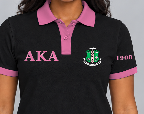 Alpha Kappa Alpha premium embroidered black solid contrast trim polo on model - chest embroidery close-up