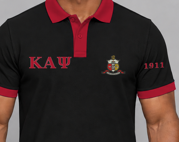 Kappa Alpha Psi premium embroidered black solid contrast trim polo on model - chest embroidery close-up